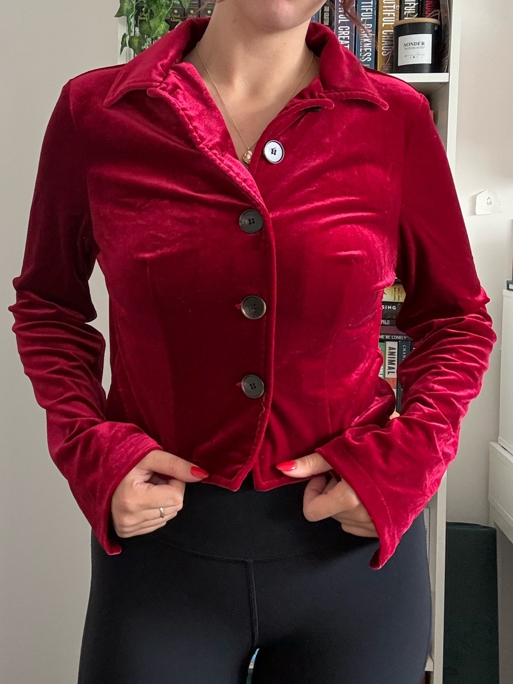Velvet Button-Front Jacket in Deep Red